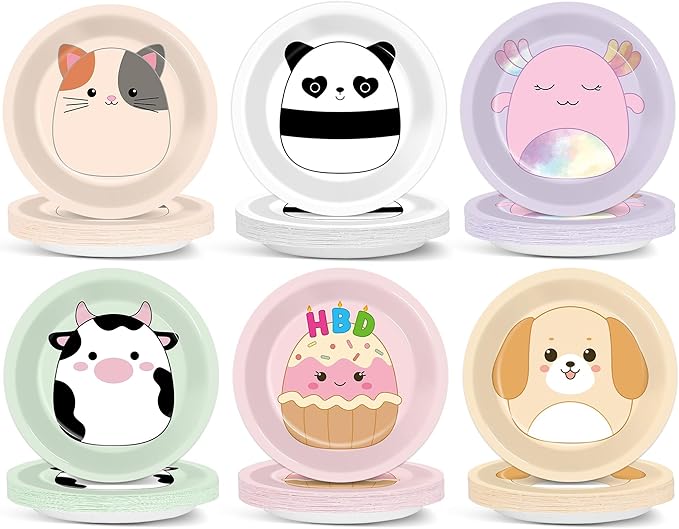 60 Pcs Animal Theme Birthday Party Decorations Cute Animals Theme Plates Pet Party Supplies Tableware Squish Kawaii Animal Plate Set Squish Animals Dinnerware for Kids Baby Shower Birthday Supplies
