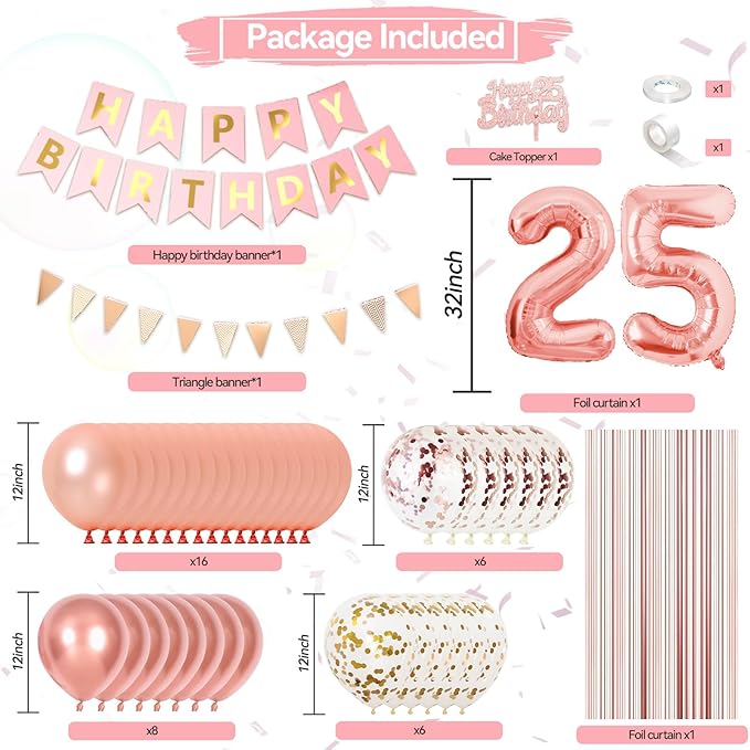25th Happy Birthday Party Decorations, Rose Gold Birthday Decorations With Number 25 Balloons Gold Confetti Balloons Fringe Curtain Triangle Flag Banner Cake Topper For Girl Women Party Supplies