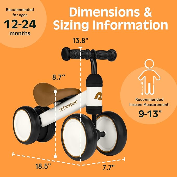 Retrospec Cricket Baby Balance Bike, 4-Wheel Ride-On Toy for Ages 12-24 Months – First Bike & Toddler Bike for 1 Year Old Boys & Girls, First Birthday Gift