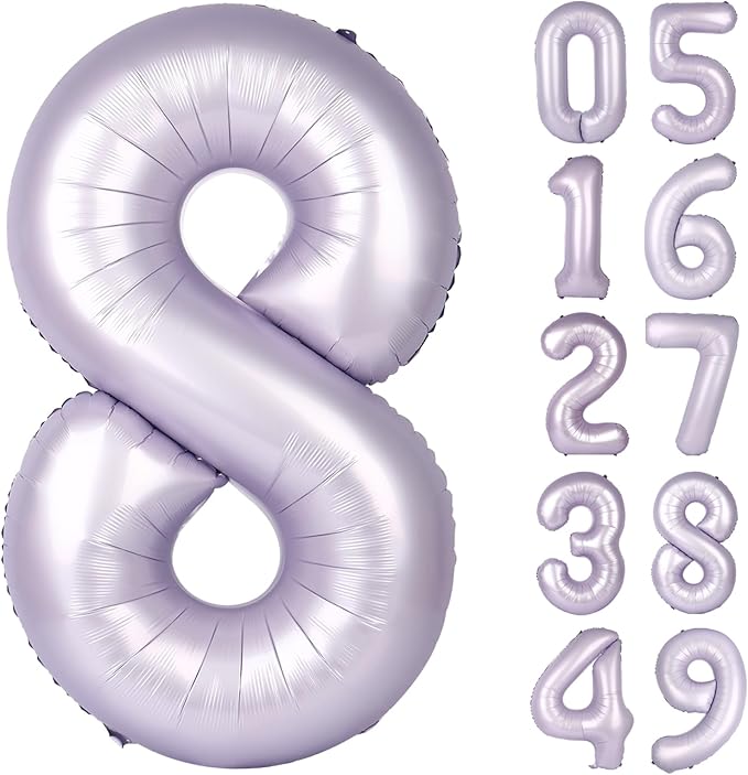 Lilac Foil Number 8 Balloon 40 Inch, Helium Mylar Eight Number 8 18 28 38 48 58 80 88 Birthday Balloons, 8th Lavender Women Men Wedding Anniversary, Graduations Party Supplies