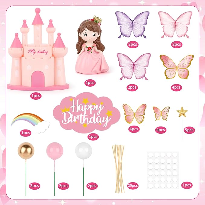 Hooqict 33PCS Princess Cake Decorations Set with Butterflies, Balls, Castle Cake Toppers & Cupcake Toppers for Girls Princess Birthday Party Decorations Tea Party Supplies