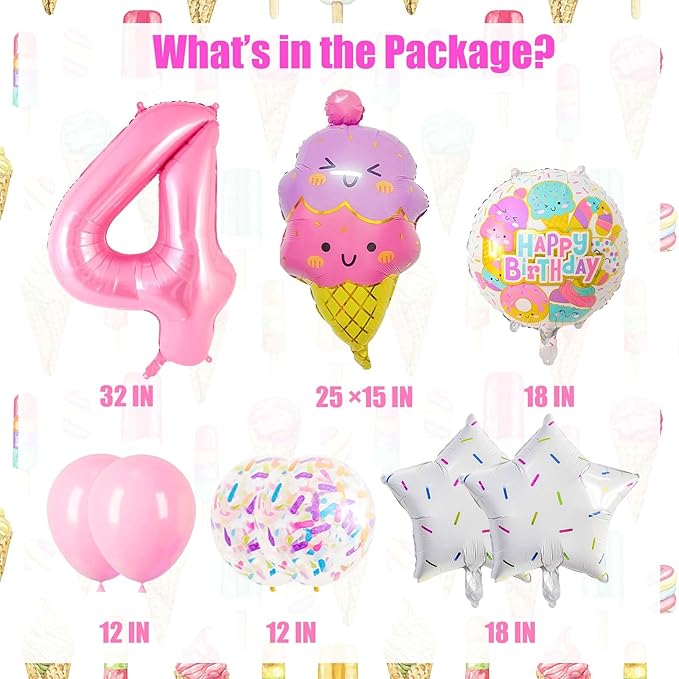 Pink Ice Cream Balloons, Number 4 Balloon, 4 Year Old Birthday Decorations, Ice Cream Balloon for Girls Birthday Party Decoration (4)