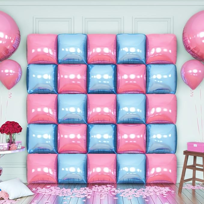 Pink Blue Square Foil Balloon Wall,25Pcs Double Sided Foil Balloons Backdrop Helium Polyester Tunnel Arch Garland Kit for Birthday Gender Reveal Anniversary Baby Shower Party Decorations
