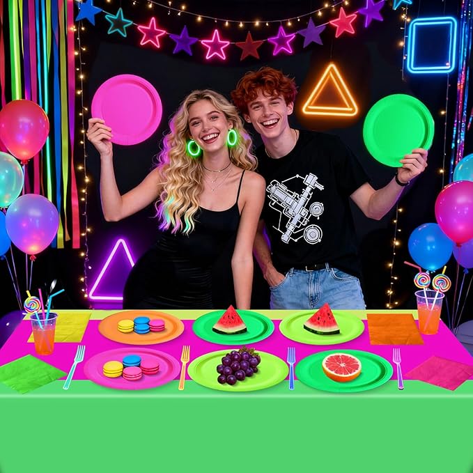 Glow Party Supplies Plates Set for 20 Guests, Including Multi-color Tablecloth, Forks, Napkins and Plates for Glow Birthday Decorations Neon Party Decorations