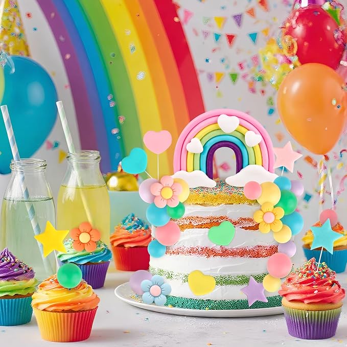 Hooqict 33 PCS Rainbow Cake Topper with Daisy Flower Pastel Balls Boho Rainbow Cake Decorations for Wedding Girls Boys Groovy Hippie Birthday Party Decorations Supplies