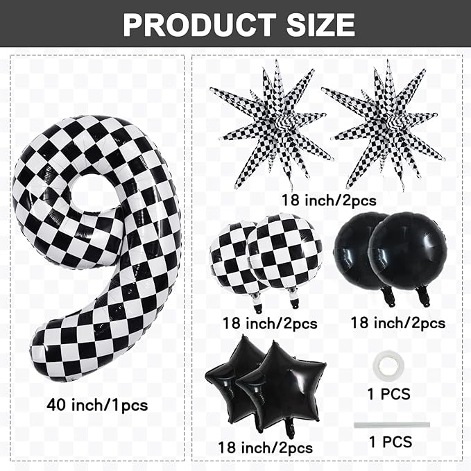 TONIFUL 40 Inch Checkered 9th Birthday Balloons Set Number 9 Race Car Black White Checkered Round Explosion Star Balloons Boys Race Car Themed Birthday Party Decoraction