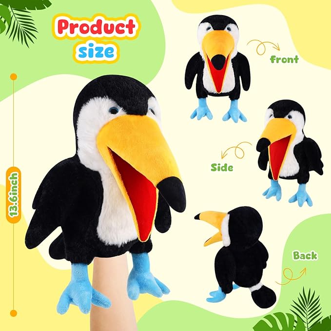 Animal Hand Puppets 11 Inch Bird Plush Toucan Owl Eagle Parrot Flamingo Peacock Puppet Toys Role-Play Puppets for Kids Storytelling Imaginative Pretend Play Teaching Preschool(Toucan)