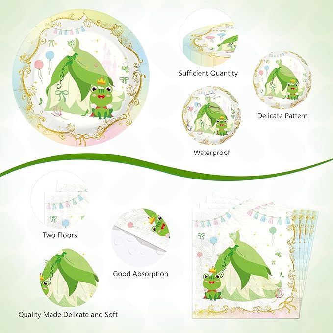 96Pcs Princess Frog Party Supplies Green Frog Plates and Napkins Green Princess Dress Tableware Set for Girls' Fairytale Baby Shower Magical Party Decorations Serves 24