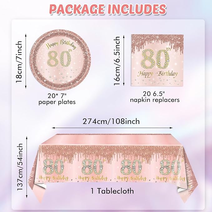 41PCS 80th Birthday Decoration for Women Rose Gold 80 Years Birthday Paper Plates and Napkins Set 80th Birthday Tablecloth for 1946 Decor Cheers to 80 Years Old Birthday Party Favors