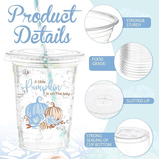 Yungyan 50 Pcs 16 oz Blue Little Pumpkin Baby Shower Plastic Cups with Lids and Straws a Sweet Little Pumpkin Is on the Way Cups Disposable for Fall Thanksgiving Baby Shower Party Decoration Supplies