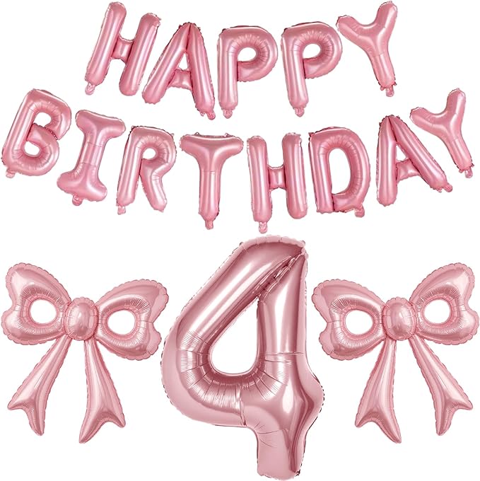 Bow Number 4 Birthday Balloons, 40" Pink Aluminum Foil Balloons Happy Birthday Balloon for Girl 4th Birthday Party, Princess, Coquette Party Decorations Supplies