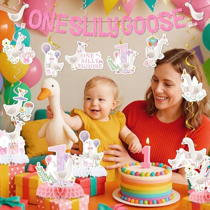 One Silly Goose Birthday Decorations Include One Silly Goose Glitter Banners Hanging Swirls Honeycomb Centerpieces Pink Silly Goose Birthday Baby Shower Theme Party Supplies for Boys Girls