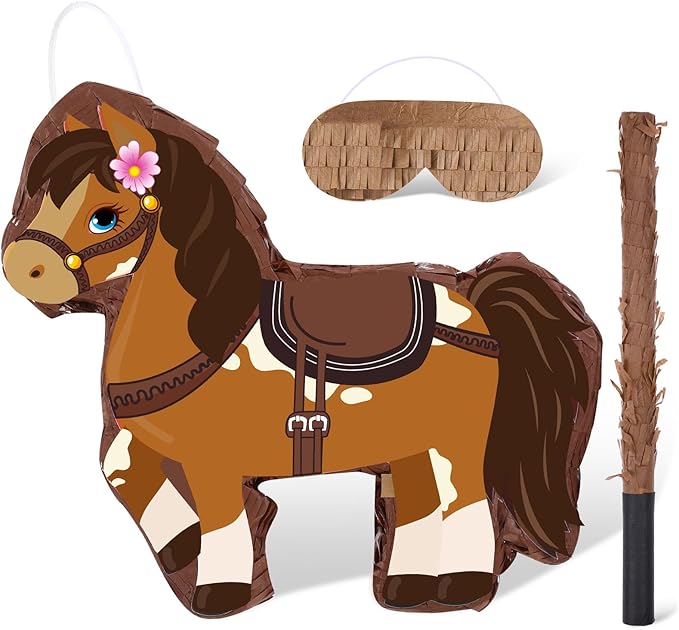 Horse Piñata Cowgirl Piñata for Birthday Girl with Bat Stick Blindfold Mask for Horse Birthday Cowgirl Party Game Decor Supplies, 15 x 13.4 x 3.2 Inch