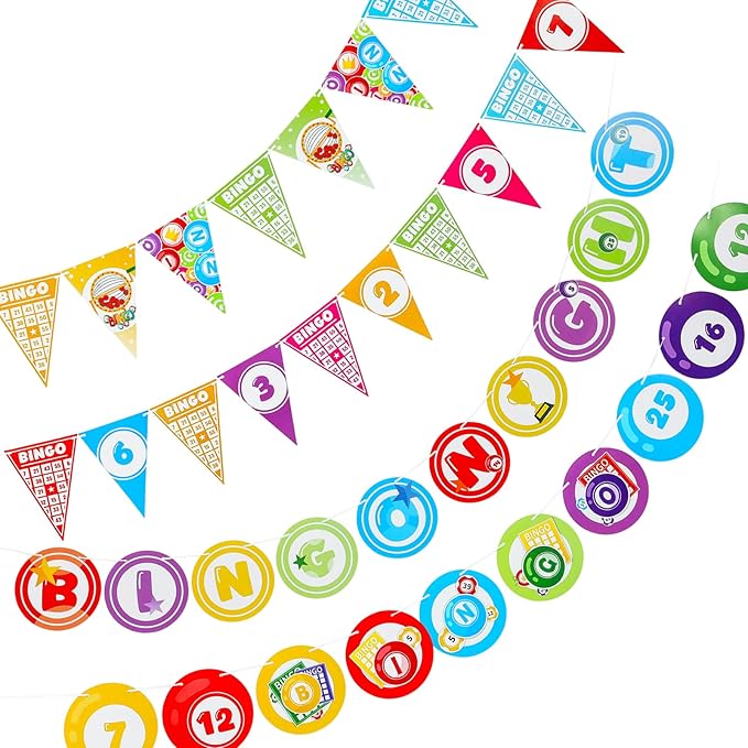 Colarr 4 Pcs Bingo Party Decorations, 2 Colorful Bingo Pennant Banners and 2 Round Flags 5.12 x 7.09 Inch Snooker Game Time Cards Coins Contest Winning Ball Party Supplies