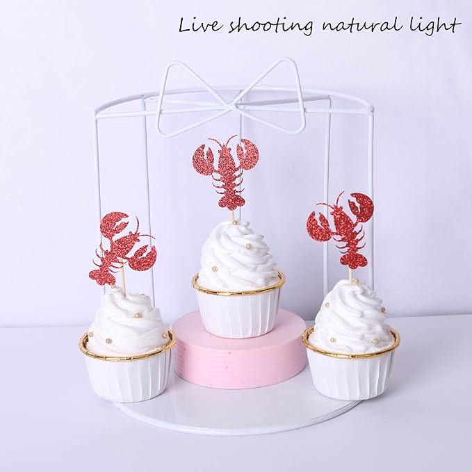 24 Pack Crawfish Cupcake Toppers Red Glitter Lobster Cupcake Food Picks Bridal Shower Bachelorette Sea Animal Theme Baby Shower Kids Birthday Party Cake Decorations Supplies Red