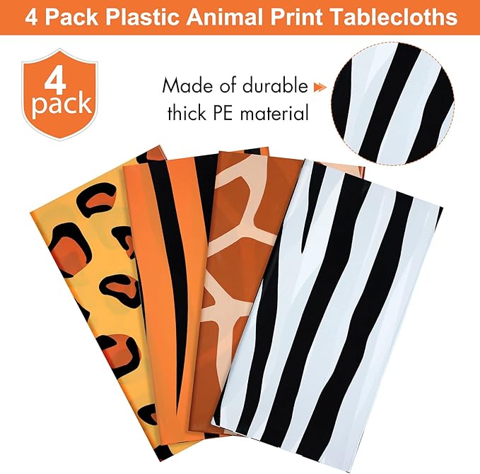 Animal Safari Tablecloth Jungle Animal Theme Tablecover Tiger Zebra Giraffe Print Table Cover Tropical Leaf Tablecloth Party Supplies for Jungle Safari Birthday Baby Showers (Leopard Style, 4 Pcs)