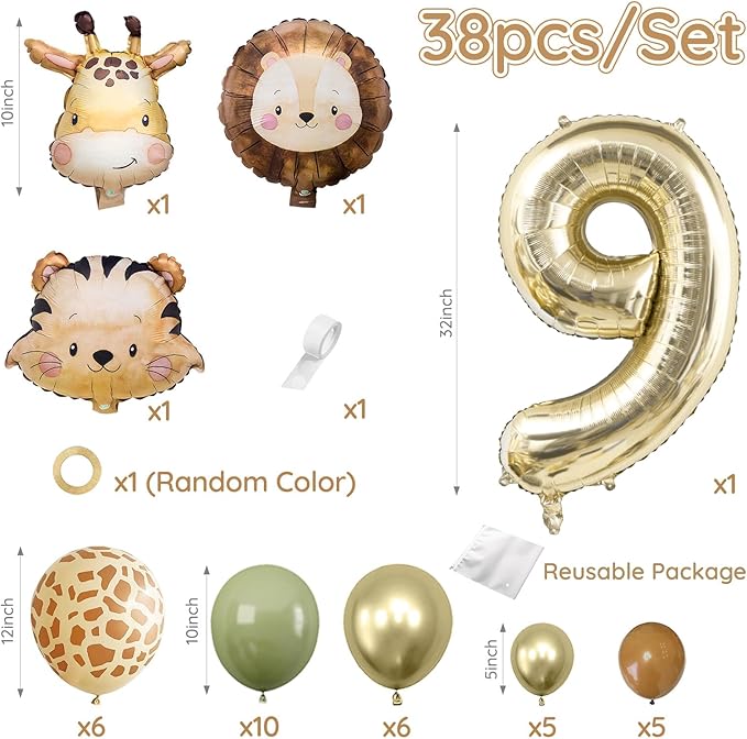 Jungle Safari Birthday balloons, Animal Balloons Décor Happy Birthday Party Decoration for Wedding Birthday Party (Number 9)