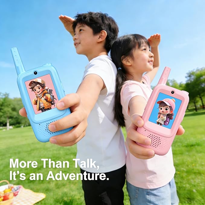 Video Walkie Talkies for Kids, 2 Pack Rechargeable Kids Walkie Talkies with Screen Display, Long Range Two-Way Radios with Voice Effects, Indoor Outdoor Camping Gift (Blue & Pink)