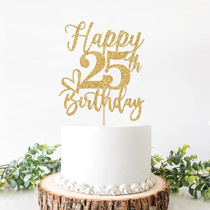Gold Glitter Happy Birthday Cake Topper, Funny 25th Birthday Party Supplies
