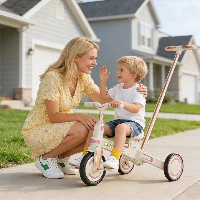 WinHope 9-in-1 Push Tricycle for Toddlers 1-3 Years, Convertible Kids Trike with Push Handle & Safety Belt, One-Client Foldable Design + Storage Basket, Birthday Gift and Toy for Boys and Girls(Pink)