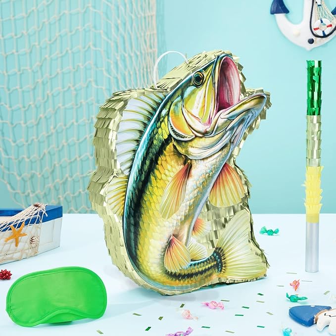 WERNNSAI Fish Piñata - Fishing Game Piñata Ocean Piñata Under the Sea for Boy Adult Party Decoration Summer Pool Party Game Supplies Favors with Bat Blindfold