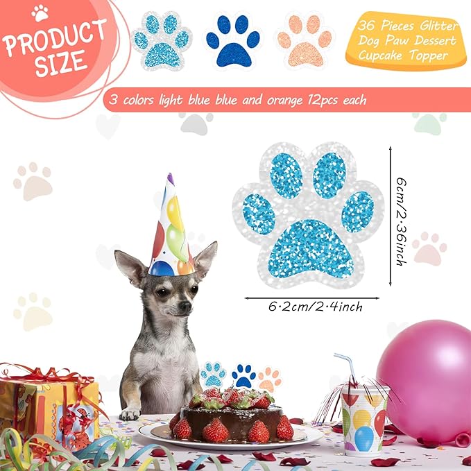 36 Pcs Paw Cupcake Toppers Glitter Dog Paw Cake Decorations 3 Colors Glitter Puppy Cupcake Toppers for Baby Shower Boys Girls Birthday Party Cake Supplies (Light Blue Blue and Orange)