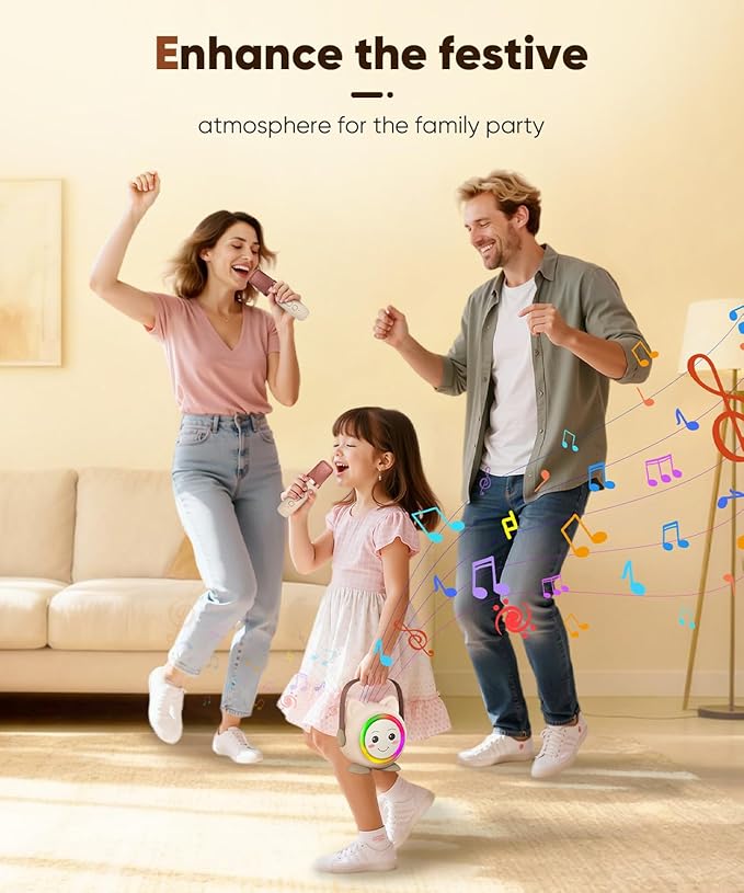 Mini Karaoke Machine Toy for Kids, Portable Karaoke Machine with 2 Wireless Microphone for 4,5,6,7,8,9,10,11,12+ Years Old Christmas Birthday Gifts Girls Boys (Beige)