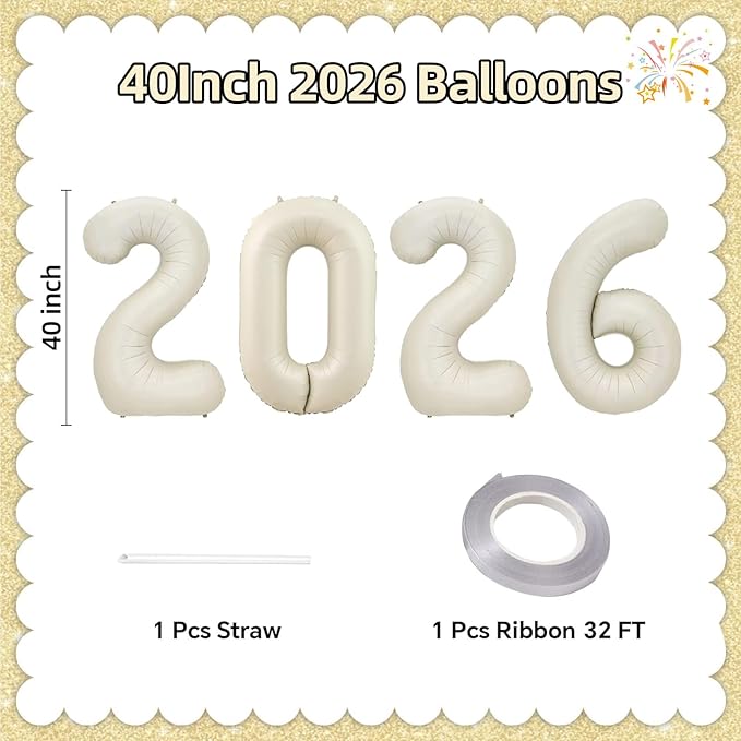 KALOR 42 Inch 2026 Cream White Foil Mylar Number Balloons, 2026 New Years Decorations for 2026 Happy New Year Eve and Graduations Party Supplies