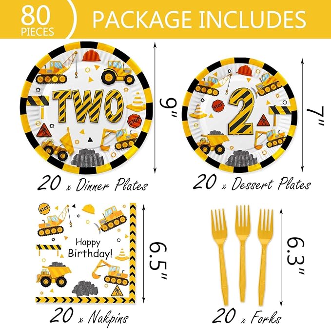 118pcs Construction 2nd Birthday Decor Construction Two Years Old Paper Dinner Plates Napkins Forks Cups Tablecloth Banner Dinnerware for Dump Truck Theme 2nd Bday Party Supplies Decorations
