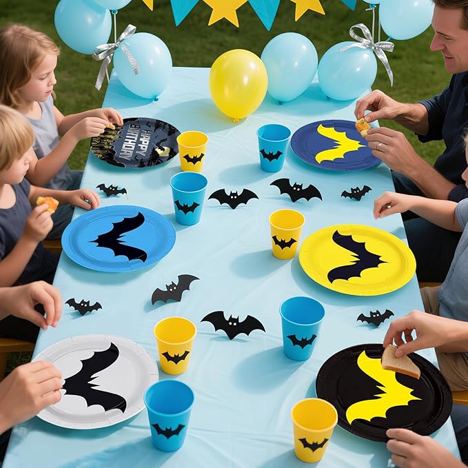 60Pcs Bat Theme Hero Party Paper Plates 9" Disposable Heavy Duty Cartoon Bat Birthday Dessert Plates Black Yellow Super Theme City Party Decorations for Boys Kids Baby Shower Holiday Party Supplies