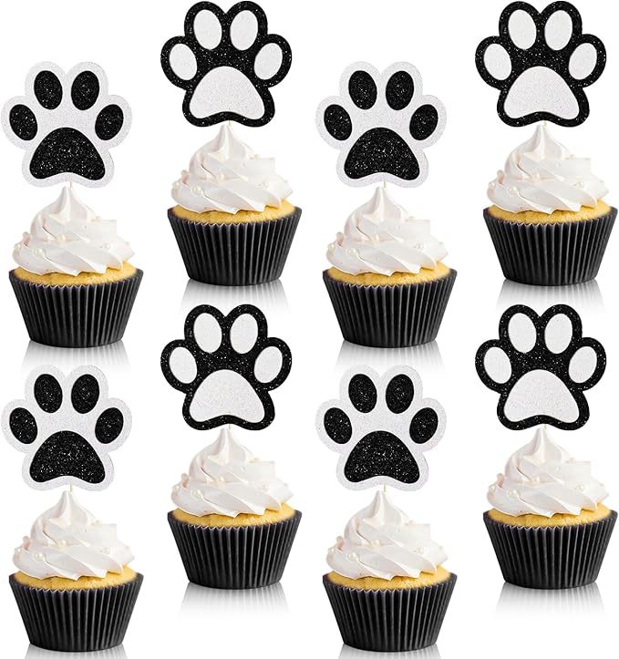 36 Pcs Paw Cupcake Toppers Glitter Dog Paw Cake Decorations Black White Glitter Puppy Cupcake Toppers for Baby Shower Boys Girls Birthday Party Cake Supplies (2 Styles)