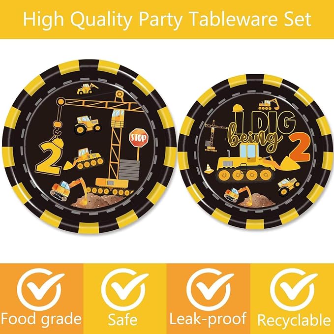 132 Pcs Construction 2nd Birthday Party Supplies Dump Truck Theme Two Tableware Includes Hanging Swirl, Banner, Plates, Cups, Tablecloth for Boys Construction Two Years Old Bday Party Decorations