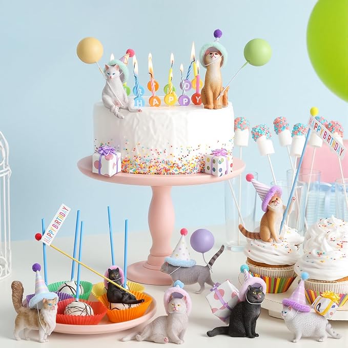 Weysat 37 Pcs Cat Birthday Party Decorations, Cat Cake Cupcake Toppers with Mini Hats Miniature Flags Gift Boxes Balls Figure Models for Kitty Birthday Party Supplies Adults