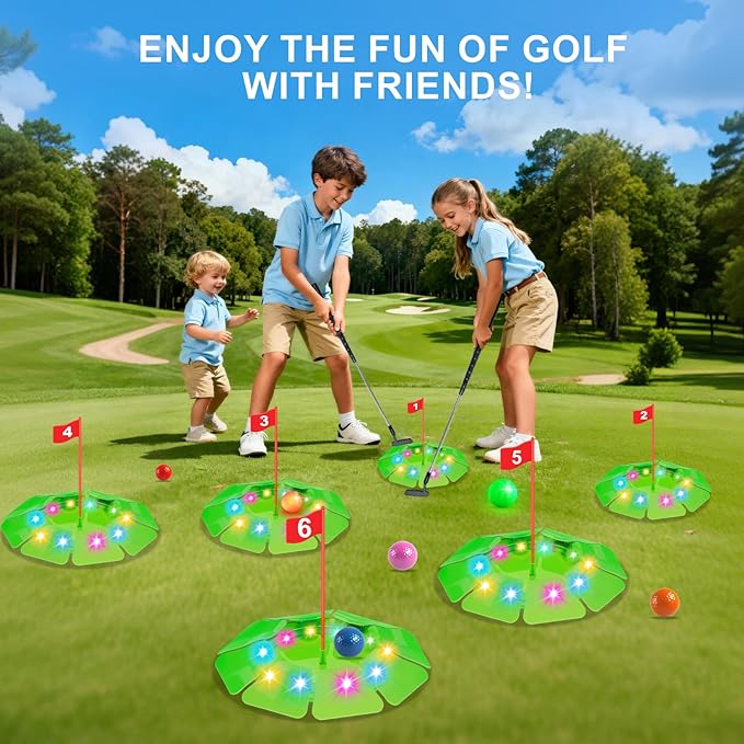 Light Up Golf Play Set - Upgraded Kids Toy Golf Putting Game Set with 6 LED Targets, 2 Clubs, 6 Balls (2 Glow), Night Golf Toys Gifts for Kids Golfers Family Indoor Outdoor Beach Lawn Park