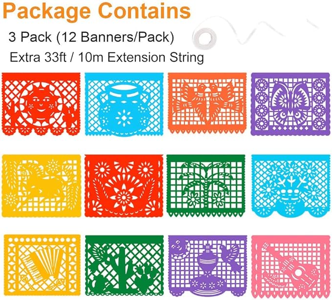 3 Packs Mexican Banners, 66 Ft(22ft x 3) Papel Picado Banner, Large Plastic Mexican Fiesta Banners Cinco de Mayo Party Fiesta Decorations Mexican Themed Birthday Party Supplies 12 Patterns with String