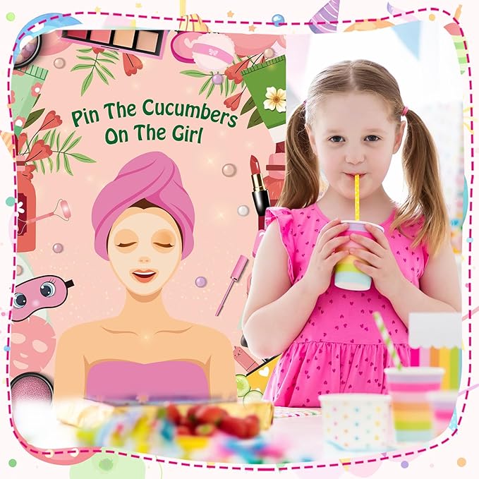 PLULON Spa Party Game for Girls Party, Pin The Cucumber on The Girl Spa Game Poster for Kids Girl Spa Birthday Makeup Sleepover Slumber Party Supplies Women Party Decor