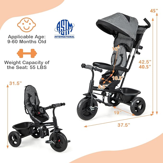 BABY JOY Tricycle, 4 in 1 Toddler Bike w/Removable Canopy, Adjustable Push Handle, Reversible Seat, Safety Belt, Folding Footrest & Storage Basket, Toddler Tricycle for Boys Girls 9-60 Months (Gray)