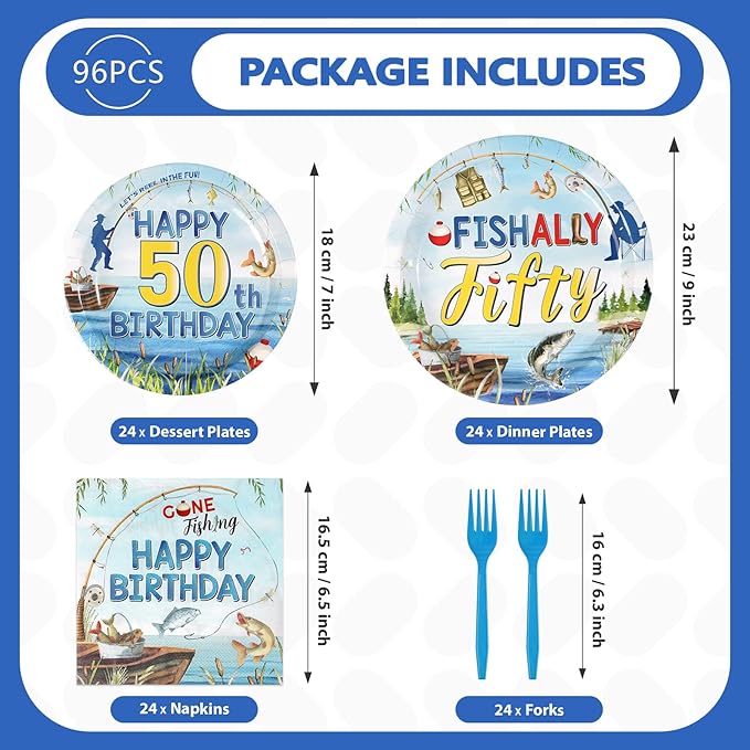 96Pcs Fishing 50th Birthday Party Decorations 50 Years Old Paper Plates and Napkins Disposable Gone Fishing Fifty Tableware Set for Fisherman Happy 50th Birthday Party Supplies, Serves 24