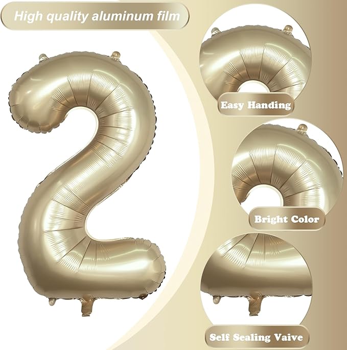 Champagne Gold 2 Balloons, 40 Inch Giant Metallic Helium Mylar Foil Number 0-9, Light Gold 2nd Birthday Balloon for Boys Girls, Morados Numero Two for Women Anniversary Party Decorations