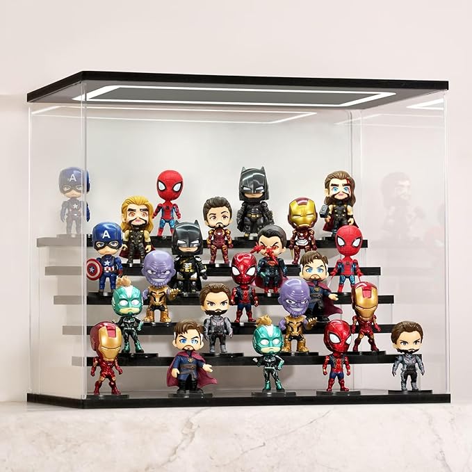 Clear Acrylic Display Case with Light , 6 Tier Display Box Stand Assembly Dustproof Protection Showcase for Collectibles Action Figures (Black 6 Tier L 19.7*12.6*16.5in；50×32×42cm)