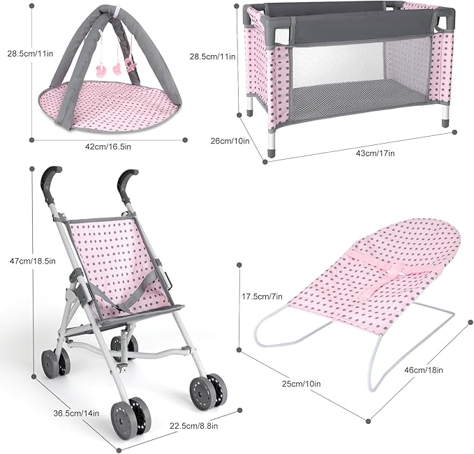 deAO Baby Doll Stroller Crib Bed Nursery Role Play Set Baby Doll with Accessories and Play Mat,Travel Cot,Bouncer,Foldable Stroller and Travel Bag Gifts for Toddlers Girls Boys