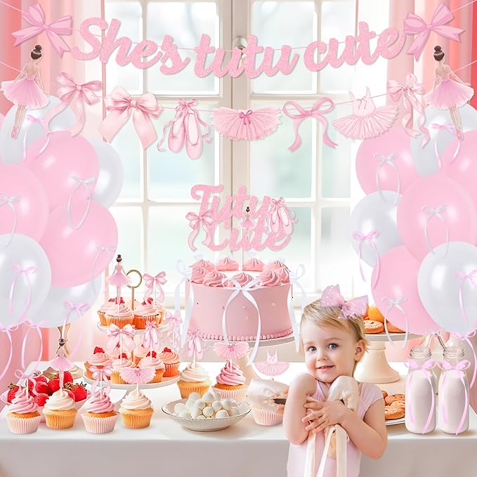 Pink Bows Ballet Girls Birthday Party Decorations, She's Tutu Cute Ballerina Theme Birthday Party Banner Cake Toppers Balloons for Two Two Cute 2nd Bday Baby Shower Tutu Dancing Girls Party Supplies
