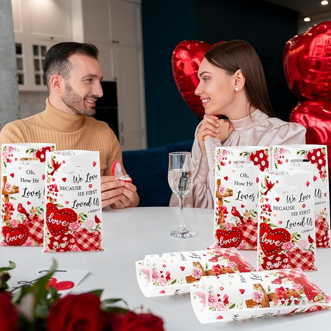 Religious Valentine’s Day Party Favor Bags - 50Pcs Valentines Religious Christian Cross John 4:19 Goody Candy Treat Bags, Bible Verse Themed Party Decorations for Church Sunday School