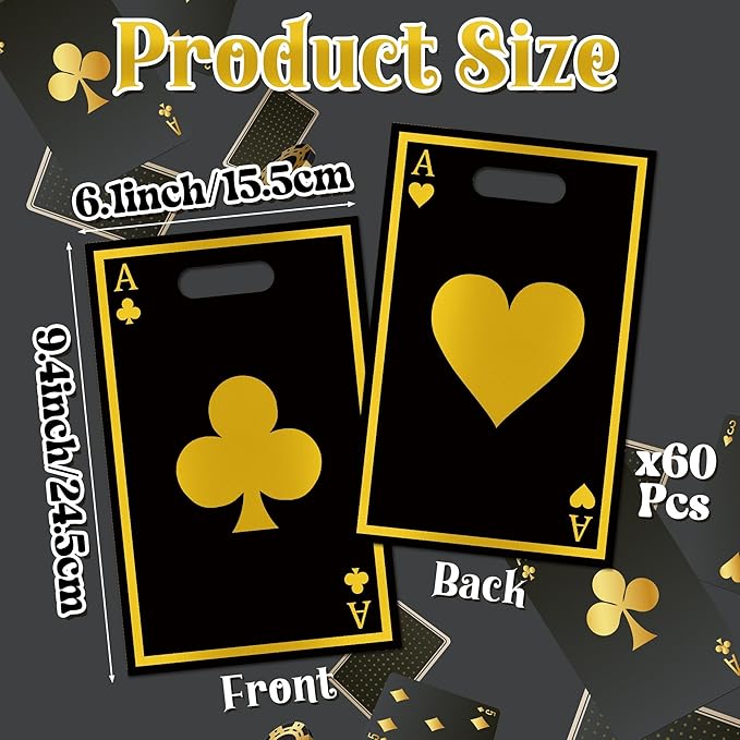 Casino Party Favor Bags - 60Pcs Black and Gold Casino Goody Candy Treat Gifts Bags, Las Vegas Poker Themed Party Decorations for Adults Kids Birthday Indoor Game Events Supplies