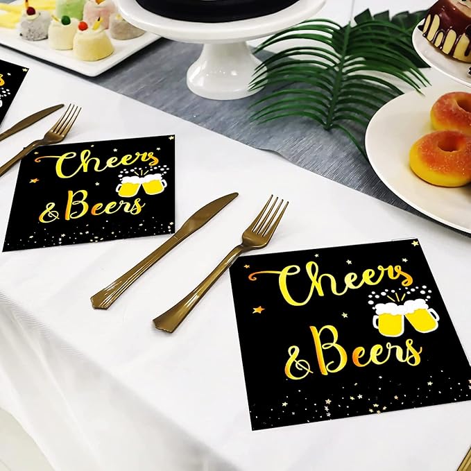 40 Pcs Cheers & Beers Napkins Cheers Beer Party Supplies Disposable Cocktail Napkins Black and Gold Foil Paper Napkins for 30th 40th 50th 60th 70th 80th 90th Birthday Wedding Anniversary Decoration