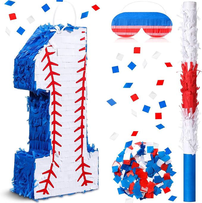 HyDren Baseball Piñata Baseball Party Decorations Number Piñata with Bat, Blindfold and Confetti, 16 Inch Sports Themed Birthday Party Supplies for Celebration Events(Number 1)