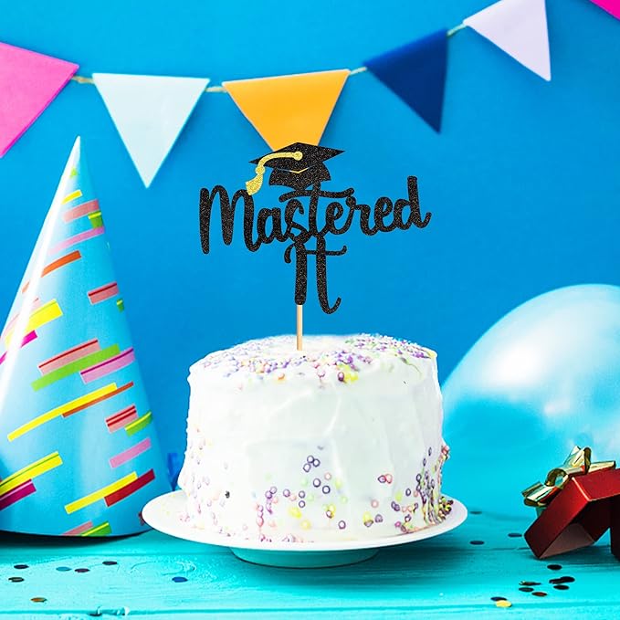 1Pc Black Glitter Mastered It Cake Topper, College Grad, Congratulations MBA Graduation Party Decorations Supplies