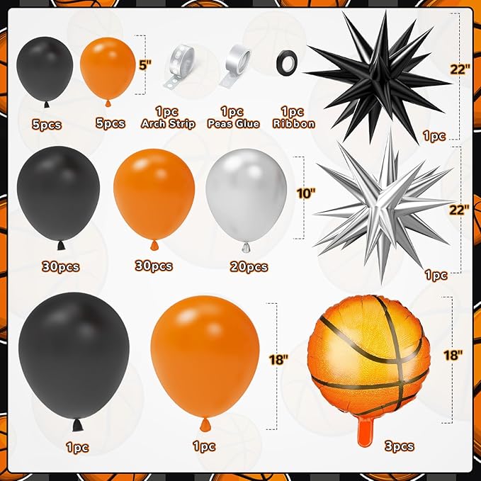 Basketball Balloon Garland Arch Kit, 97Pcs 18 10 5 inch Black Orange Basketball Balloons with 18inch Foil Balloons for Sports Theme Basketballs Party Boys Birthday Decorations