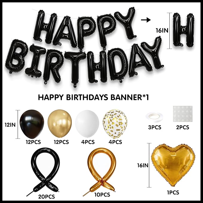 Black Happy Birthday Banner Balloon Aluminum Foil 16in Letter, 12in Latex Balloons, 11.8in Long Balloons, 16in Love Heart Aluminum Foil Balloon, Men, Women, Party Decoration Supplies (Black)