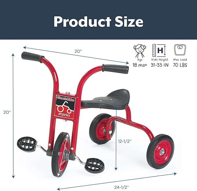 Angeles ClassicRider Kids Tricycle, Toddler Tricycle with Solid Airless Rubber Tires, Kids Bike for Preschools and Daycare, Ages 18 months+, 12.5" Tall Seat